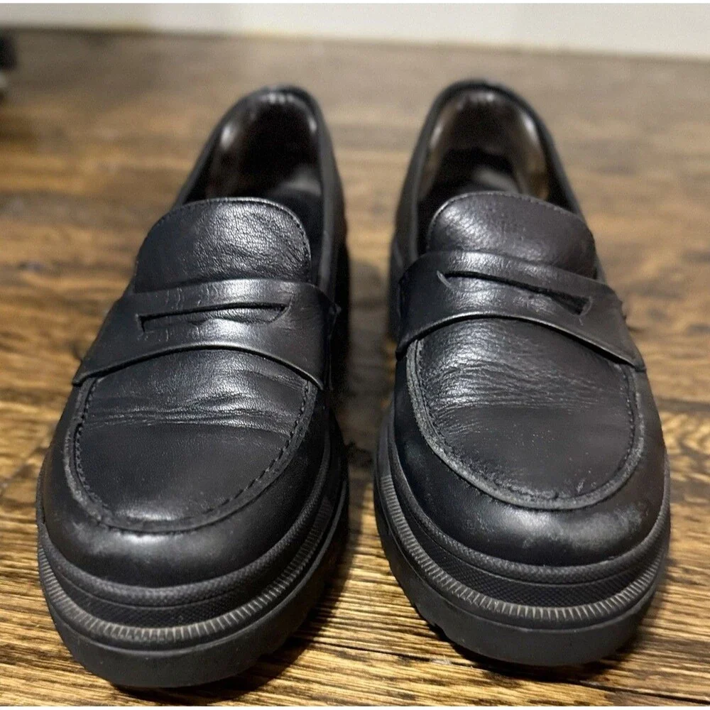 Patina Black Leather Penny Loafers Womens 7.5/EU37.5 Chunky Lug Sole Style 13451